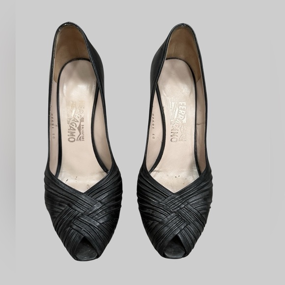 Salvatore Ferragamo black leather peep toe bronze heel stilettos - Picture 2 of 11